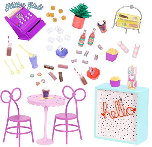 Glitter Girls Puppenzubehör – Café Terrasse Zubehör Set für den Süßwarenladen mit Möbeln, Kasse, Essen für 36 cm Puppen – Spielzeug für Kinder ab 3 Jahren