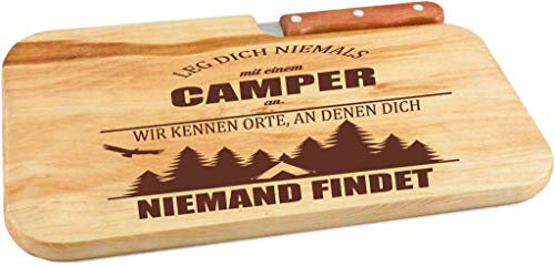 Beschdstoff/Schneidebrett mit Messer und Branding/Camping/Größe 26 x 15 x 12 cm Holz Brettchen