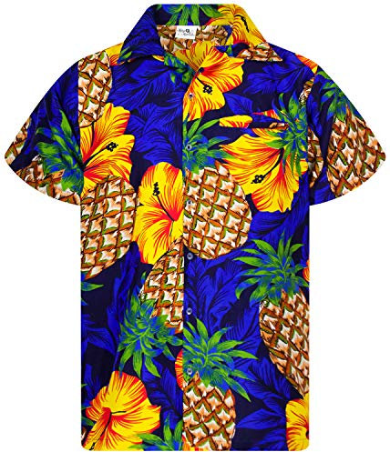 King Kameha Funky Hawaii-Hemd, Herren, Kurzarm, Pineapple-Hibiscus, Blau, XXL