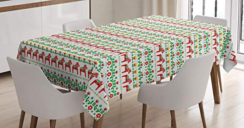 ABAKUHAUS Volkskunst Tischdecke, Blumen Schwede Dala Pferd, Inn und Outdoor Bereich geeignet Waschbar Druck Klare Farben Kein Verblassen, 140 x 240 cm, Grün Zinnoberrot