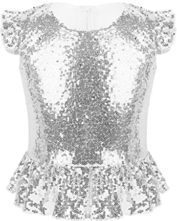 FEESHOW Children Girls Short Ruffle Sleeve Sparkly Sequin Crop Tops Birthday Carnival Party Peplum Tops Caual Wear Silver 5-6 Years