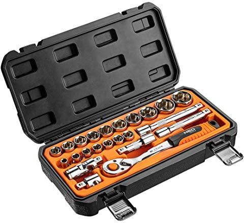 NEO TOOLS Aufsteckschlüssel-Set, 23 Teile, Aufsätze mit Quadrat-Antrieb | 1/2 aus Chrom-Vanadium-Stahl, Im abschließbaren Hartschalen-Koffer aus Kunststoff