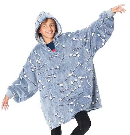 Kanguru Kangurone Glow Couverture Polaire Phosphorescent avec motifs Lumineux Constellations, Sweat Plaid a Capuche fille, Pull Plaid, Cadeau ado fille, Bleu, enfant 4-14 ans 75 x 75 cm
