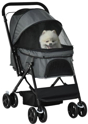PawHut Dog Stroller, Pet Stroller, Foldable Dog Cat Travel Pushchair with Reversible Handle, EVA Wheels, Brake, Basket, Adjustable Canopy, Safety Leash, for Small Dogs, Grey