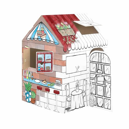 Bankers Box at Play Casa de cartón para niños Modelo Pastelería - Diseño de cafetería Artesanal - FSC y 100% reciclable - Juguete Creativo Interior XXL (81.3 x 96.5 x 121.3 cm) - Desde 3 años