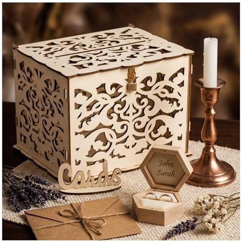 ZENFUN Hölzerne Hochzeit Karte Box mit Schloss und Karte Zeichen, Große Rustikale Holz Hohlen Karte Box, Hochzeit Empfang Box für Party Supplies, Baby Duschen, Geburtstage, Jubiläen