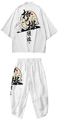 DOSLAVIDA Herren Japanischer Stil Kimono Sets Leichte Open Front Cardigan Anzüge Chinese Style 3/4 Ärmel Tops & Shorts, Style 3-weiß, X-Large