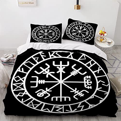 Viking Bettwäsche 135x200cm 3D Drucken Viking Runen Kompass Zauberschild Bettbezug Set Weich Microfaser Bettbezug für Kinder Jungen Mädchen Erwachsener 3 Teilig Hypoallergen Bettwaren