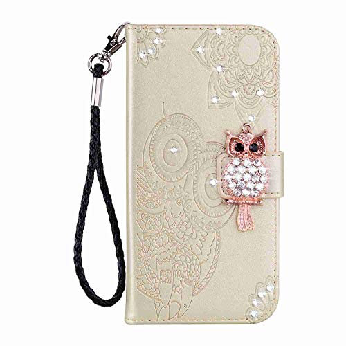 Reevermap iPhone SE 2022 Hülle iPhone SE 2020, iPhone 8 Handyhülle iPhone 7Flipcase Kredit Karten Fach Geldklammer Leder Tasche Glitzer Bling Eule Schale Schutzhülle, Gold