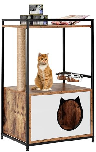 soges Arbre à Chat au Style Industriel Armoire à Chat avec Étagère Tour pour Chat avec Arbre à Chat Meubles pour Chats en Bois avec Bols pour Chat
