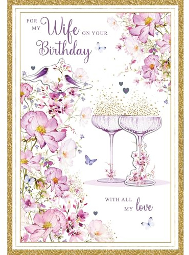 Nigel Quiney Birthday Card for Wife - Champagne & Flowers Design -Beautiful Birthday Greeting Card with Envelope