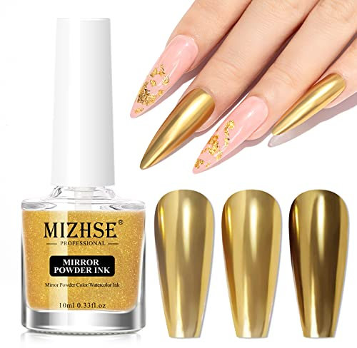 MIZHSE Chrome Powder Liquid for Nails Gold Metallic Nail Gel Poilsh Mirror Effect Shiny Nail Powder Quick Dry 10ml for DIY/Nail Art Design