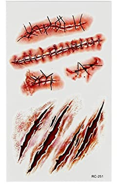 Horreur Halloween Cicatrice Tatouage Tatouages Temporaires Imperméables Maquillage Faux Cicatrice Tatouage 3D Saignement Blessure Suture Cicatrice Autocollant Avec Cosplay Party Crème (A, One Size)