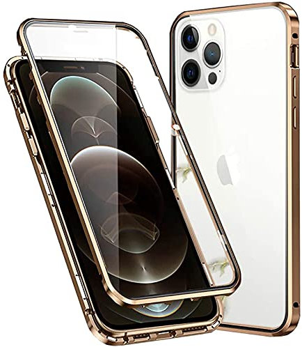 Hülle für iPhone 15 Pro Magnetische Adsorption Handyhülle Hartglas mit Vorderseite und Rückseite,Metallrahmen Case mit Eingebaut Magnet,Ultra Dünn 360 Grad Schutzhülle - Gold