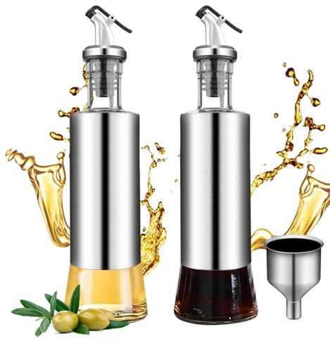 Atliberswo Aceitera Y Vinagrera, Dispensador De Aceite De Oliva, 300ml 2pc, Adecuada para Cocina Y Barbacoa, Ensalada, Fabricada En Acero Inoxidable Y Vidrio