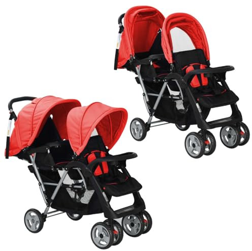 Geschwisterwagen, TANZEM Geschwisterbabywagen, babywagen, Geschwisterwagen, babywagen Zwillinge, Doppelbabywagen, Zwillingsbuggy, Stahl Rot und Schwarz