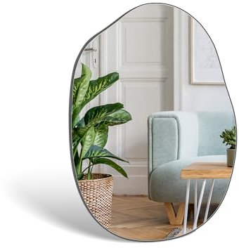 WOLIBEER Asymmetrischer Badezimmer Spiegel 80 x 60 cm, unregelmäßiger rahmenloser Wandspiegel mit schwarzer Rückwand, Spiegel für Badezimmer, Schlafzimmer, Eingangsbereich, Flur, Waschtisch
