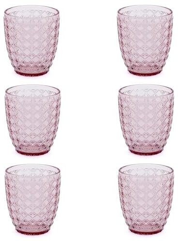Evviva Bicchieri Acqua Vetro, Set da 6, Bicchieri in Vetro Colorati, Moderni, Particolari, Capacità 350 ml, Lavabili in Lavastoviglie. Colore: Rosa