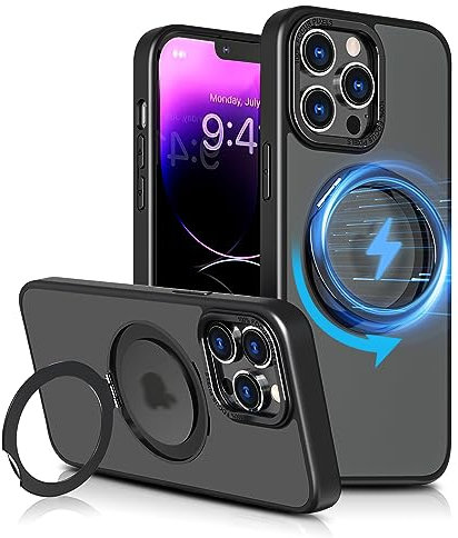 Lokyoo for iPhone 13 Pro Max Case, [Compatible with Magsafe][Built in Stand & Rotating Ring Holder] MIL-Grade Dual Layer Shockproof with Matte Hard Back, Full Protective Case for 13 Pro Max-Black