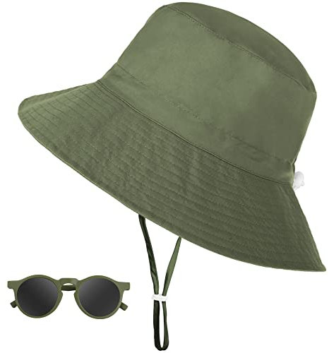 Sonnenhut Kinder, Breiter Krempe Sonnenschutz Fischerhut mit Sonnenbrille, UV Schutz UPF 50+ Atmungsaktiv Bucket Hat mit Verstellbarem Kinnriemen, Anglerhut für Junge, Kleinkinder - Grün, 2-6 Jahre