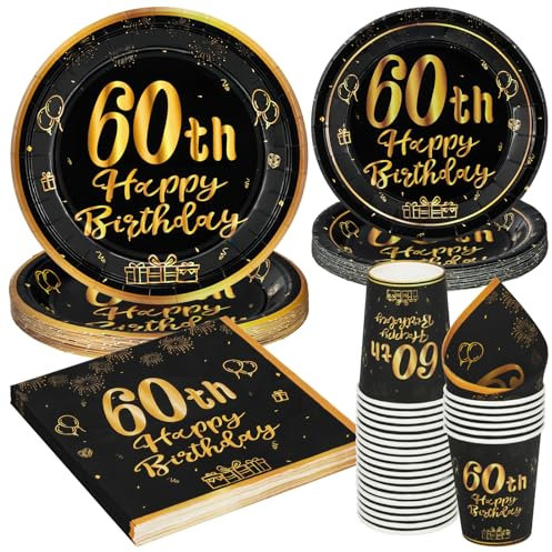 96 Stück Schwarz und Gold Geburtstag Party Geschirr Set, 60th Schwarz und Gold Geburtstag Party Geschirr Pappteller Set,für Kinder Geburtstag Party Tischdekoration 24 Gäste