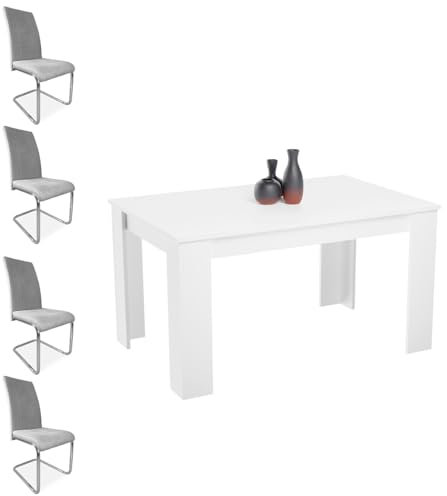 amuéblate online - Pack Mesa de Comedor Extensible, Modelo Austin, Color Blanco + 4 Sillas Tapizadas Acabadas en Marengo, Modelo Aris, con Patas Cromadas