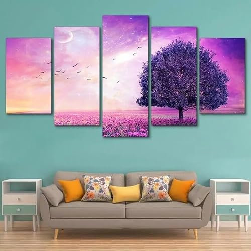Kunstdrucke 5 Teilig Bilder Leinwand,leinwandbilder 5 teilig wohnzimmer dekoration,5 Teilig Wanddekoration Lila Baum-Naturlandschaft,Bild Bilder auf Leinwand 5 teilig Poster,wandbild xxl 100x55cm