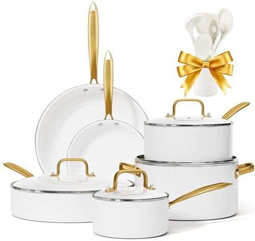 VONIKI Batterie de cuisine en céramique 16 pièces antiadhésives, ensemble d'ustensiles de cuisine avec ustensiles de cuisine, ensemble de poêles et poêles dorées blanches pour casseroles et fours,