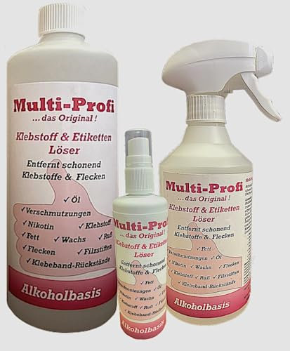 Multi-Profi Klebstoff & Etiketten Löser löst und entfernt schonend Kleber von Klebebändern, Etiketten, wasserfesten Filzstiften aber auch diverse Flecken ! 1 Liter