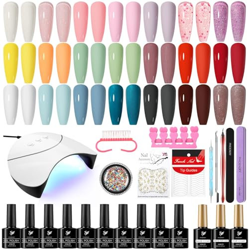 Phoenixy Kit Semipermanente Unghie con Lampada UV/LED 36W - 21Pz Smalti Semipermanenti per Unghie con Lucido e Top Coat Opaco, Rosa Giallo Rosso Kit Unghie Gel Completo