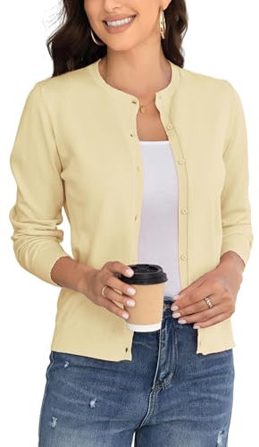BERESIA Cardigan Donna Maglia con Bottoni Golfino Girocollo Manica Lunga Giacca Cappotto Elegante, Giallo Chiaro XL