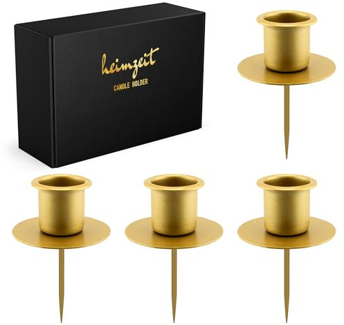heimzeit Kerzenhalter zum Stecken für Stabkerzen und Tischkerzen aus Metall [4 Stück] Farbe: Gold, Stilvolles Design, Kerzenstecker Adventskranz für eine elegante Raumdekoration