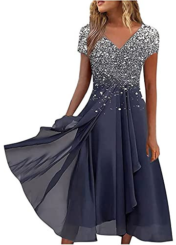 Keepink Wedding Guest Dresses for Women UK Short Sleeve Wrap Dress Chiffon Empire Waist A Line Dress Bridesmaid Dresses Occasion Evening Dress Plus Size Summer Dresses 8-22 UK Sale
