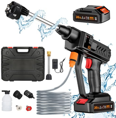 Kabelloser Hochdruckreiniger, Tragbarer Akku Hochdruckreiniger, 6 in 1 Multidüse mit 2 Wiederaufladbaren Batterien für Autos, Fenster, Rasen, Gärten, Pools