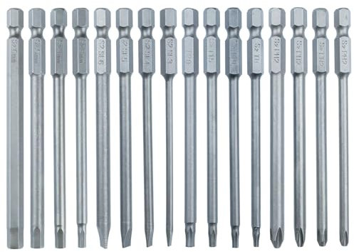 16pcs 1/4 Hex Shank 100mm/4 Inch Long Screwdriver Bit Sets, Magnetic Hex Head Allen Wrench, Torx Bit Set, Flat Head Slotted Tip Bit, Cross Phillips Screwdriver Bits