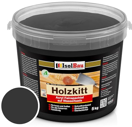 Isolbau - Holz-Spachtelmasse 5 kg - Holzspachtel Holzkitt Außen und Innen - Holz-Reparaturspachtel - Holzreparaturmasse - Holz-Fertigspachtel - Schnelltrocknend - Schwarz (Nr. 23)