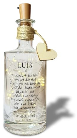 Yuweli Gastgeschenk Geldgeschenk Kommunion Geschenke Flaschenlicht zur Kommunion für Mädchen und Junge personalisiert mit Namen und Datum Geschenk LED Deko