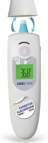 Termómetro infrarrojo frontal y auricular ABBICARE™ – Precisión 1 seg modo bebé, sin contacto, con bolsa – Uso médico para adultos y niños
