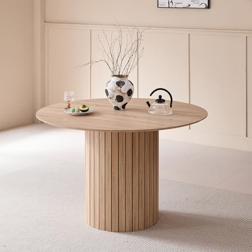 BenyLed Table de Salle à Manger Ronde de 120 cm pour 4-6 Personnes, Table de Cuisine Fermière avec Base Cylindrique, Plateau en MDF et Socle à Lattes en Bois (Grain de Bois Clair)
