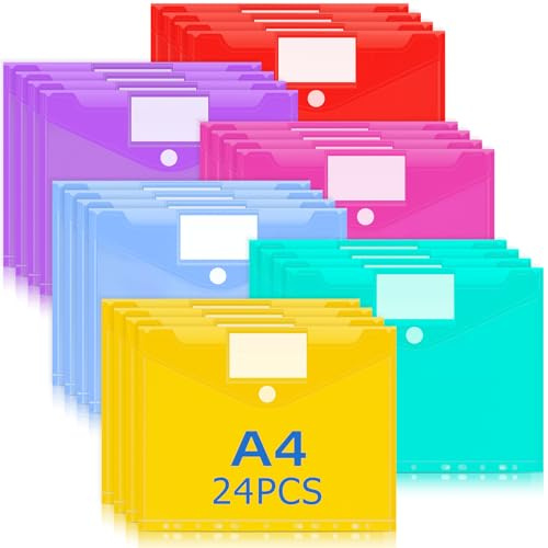 Caianwin-24 Stück Dokumententasche A4, 6 Farben Dokumentenmappe | 11 Löchern Mappen mit Etikettentasche, Wasserdicht Prospekthüllen für Dokumente Organisieren