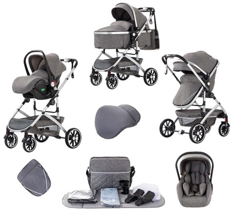 Lnhcrbs Kinderwagen 3 in 1,Reise Kinderwagen Lässt Sich Schnell mit Einem Klick Zusammenklappen,Hochformatiger Kinderwagen Set mit Vergrößertem Schlafkorb (38,5 Cm),Cabrio-Kinderwagen Und Buggy(Grau)