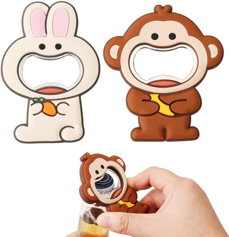 2pcs Cartoon Magnetic Bottle Opener Fridge Magnets, Cute Animal-Shaped Beer & Soda Cap Opener with Anti-Slip Silicone Grip Multipurpose for Refrigerator Kitchen Party Use (Monkey, Rabbit)
