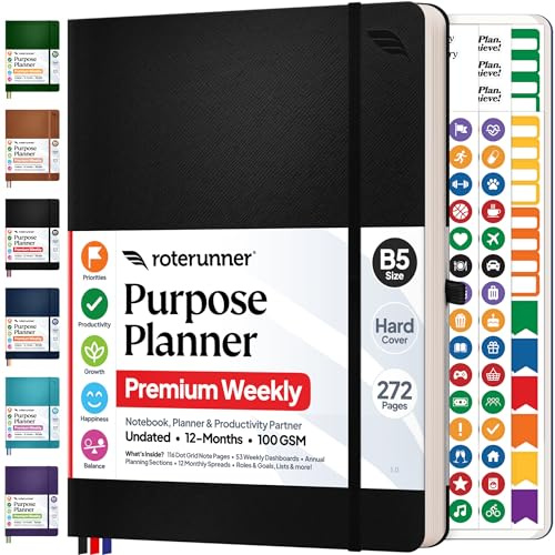 Purpose Planner Pro Notizbuch B5, Hardcover, 19,1 x 24,9 cm, 12 Monate, undatiert, täglich, wöchentlich und monatlich 2025, Produktivität und Zielsetzungswerkzeug für Arbeit, Zuhause und Selbstpflege