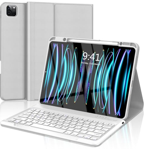 FOGARI iPad Pro 12.9 6th/5th/4th/3rd Generation Keyboard Case - Wireless Bluetooth Detachable UK Layout Keyboard Folio Cover with Pencil Holder for iPad Pro 12.9, Grey
