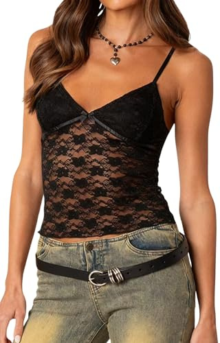 LEBOOBELL Hauts en Dentelle pour Femmes Caraco à Col en V Crop Top Sexy Débardeur Y2K Tenues de Soirée Noir M