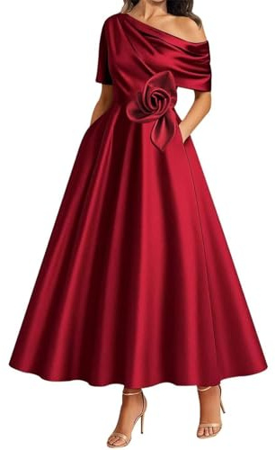 WISIYLE 3D Flower Bridesmaid Dresses Cap Sleeve Prom Mother of The Bride Dress One Shoulder Wedding Formal Gowns WQL008 Burgundy UK18