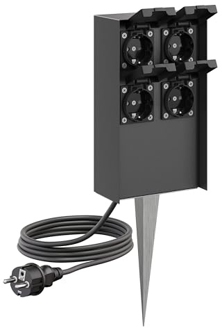 ledscom.de Garten-Steckdosen-Säule POMI mit Erdspieß und 2m Kabel für außen, IP44, 4-Fach, anthrazit, eckig, 23cm