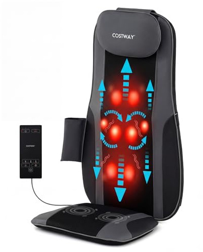 COSTWAY Sedile Massaggiatore per Schiena e Collo con Calore | Cuscino Massaggiante Shiatsu per Poltrona con 4 Nodi Impastanti a Rotazione e 2 Motori Vibranti