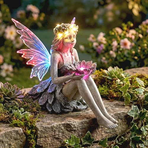 Arnusa Solar Gartenfigur mit LED Beleuchtung Fee TF403 Dekorative Gartendeko in Betonoptik Wetterfeste Solarleuchte für Garten, Terrasse und Balkon