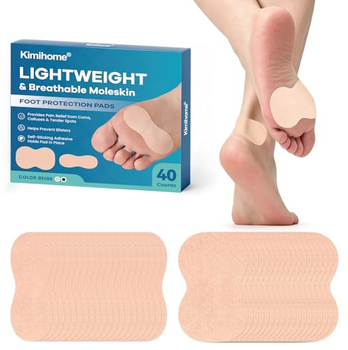 Kimihome Moleskin Tape for Blister Prevention - 40ct Moleskin Padding Breathable Cushion Pads for Feet, Heel & Toes - Ultra-Thin Blister Bandages for Friction Protection, Ideal for Hiking - 2 Sizes